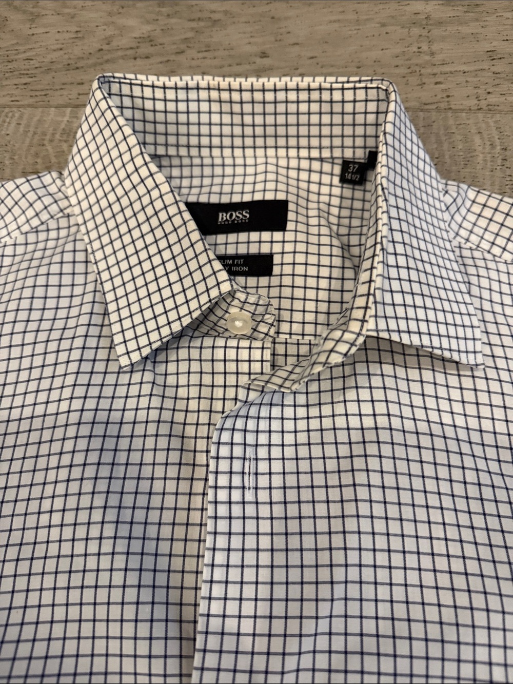 BOSS White Dress Shirt with Navy Windowpane Check